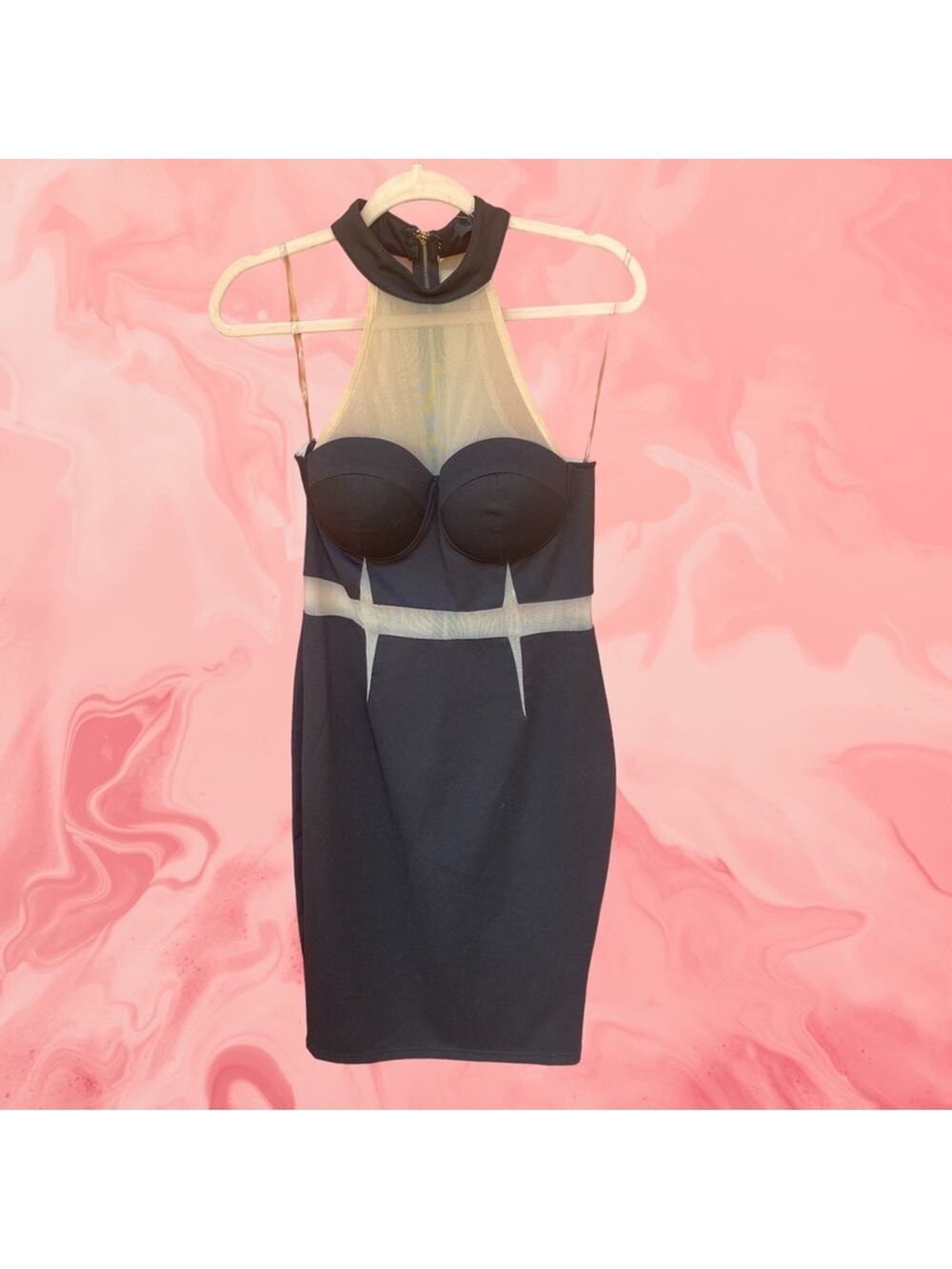 NEW Entry bodycon black dress with nude mesh acccents